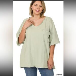 Plus Size Oversized Front Pocket V-neck Raw Edge Boyfriend Tee- Lt Sage